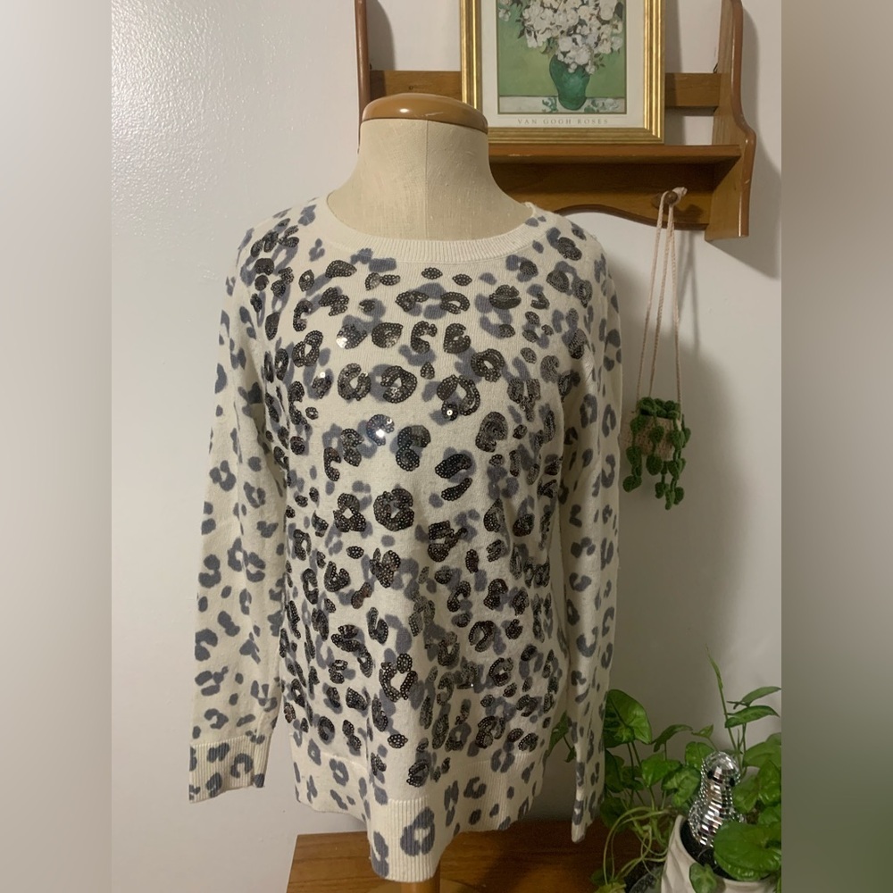 INC Wool Silk Cashmere Blend Sequin Leopard Sweater PM Animal Print Petite M
